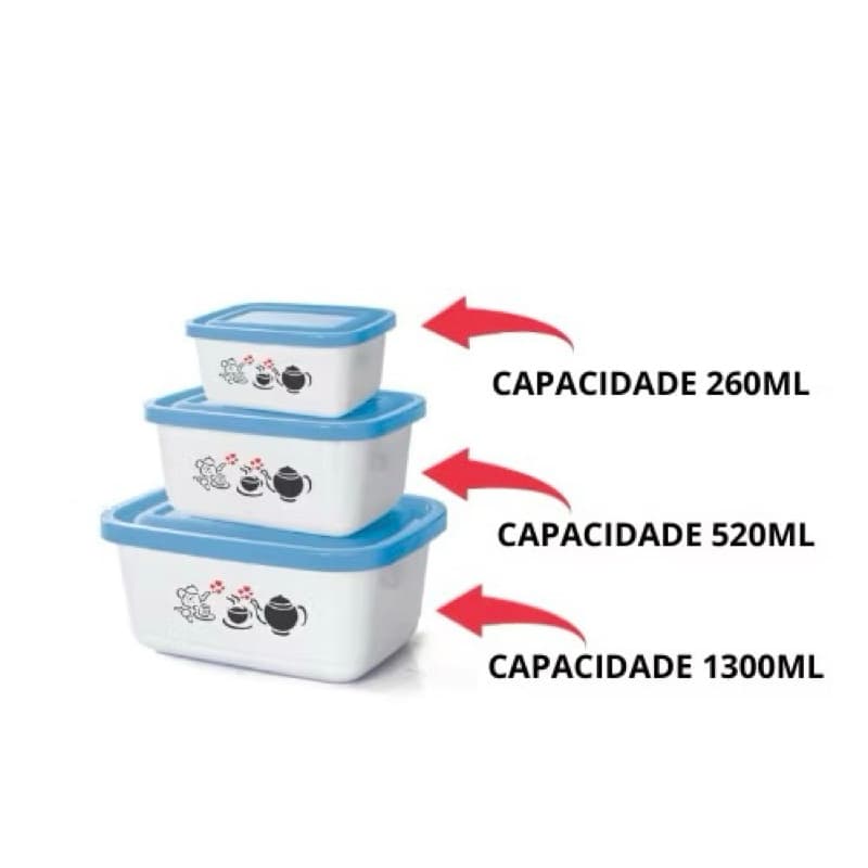 Kit 3 Potes Retangular Decorados 260ml / 520ml / 1300ml Cores Sortidas 1784
