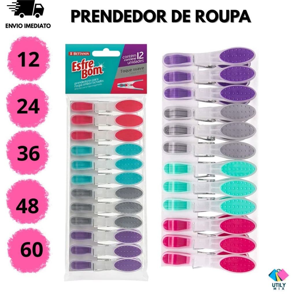 Pregador Prendedor Grampo Roupas Emborrachado Kit Pacote 12, 24, 36 ou 48 Unidades Esfrebom