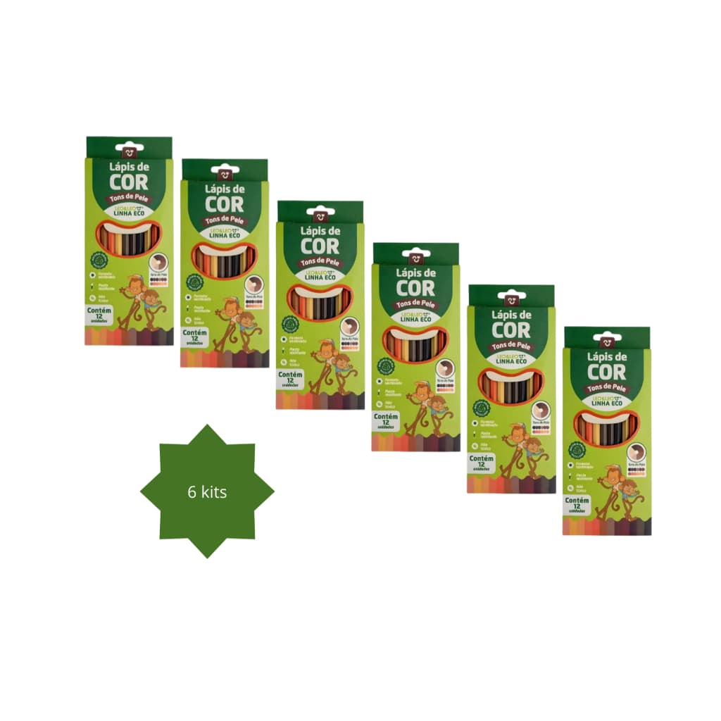 Kit com 6 caixa Lápis de cor sextavado com 12 cores tons de pele Leo&Leo