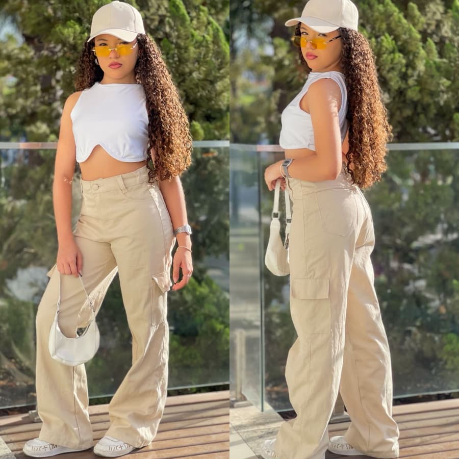 Calça Cargo Jeans Infanto Juvenil Preta e Bege Com Regulagem e Bolsos Laterais Wide Leg Moda Premium