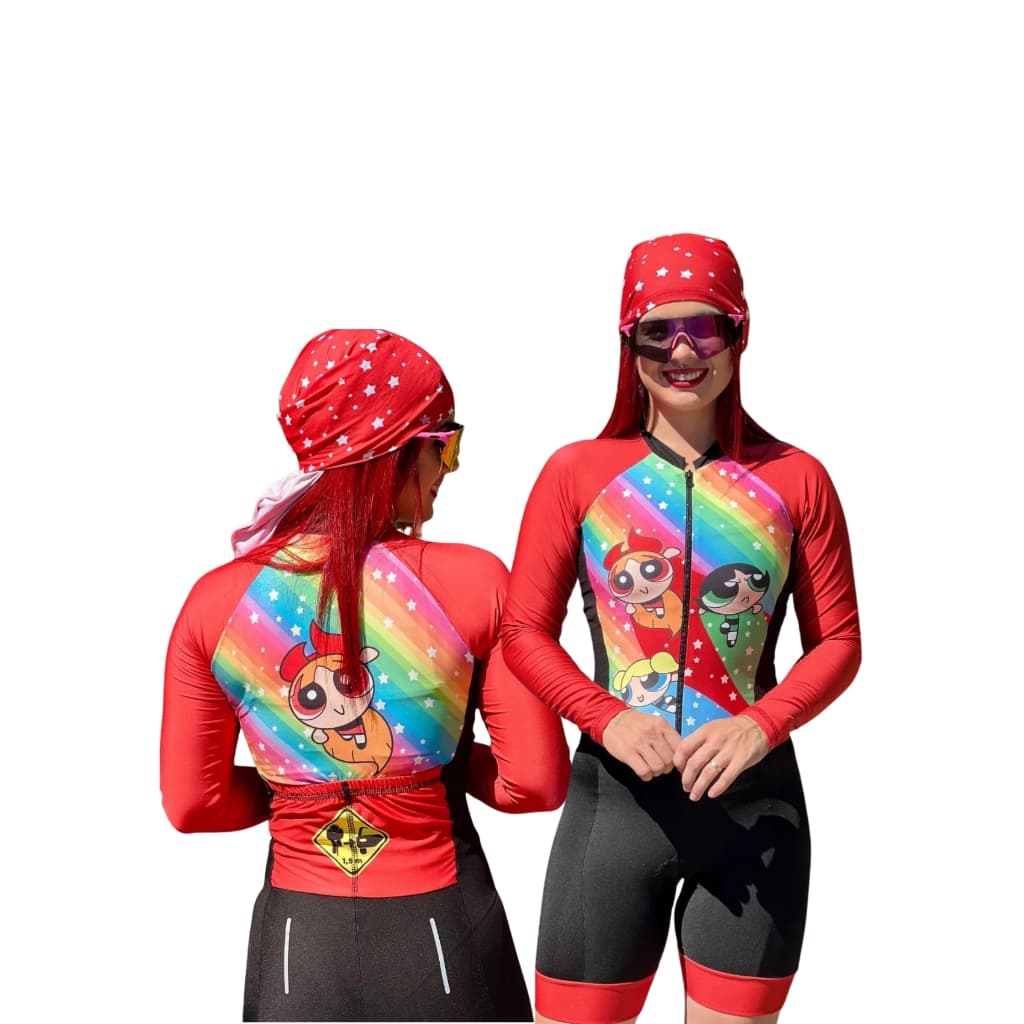 Macaquinho Ciclismo Manga Longa Feminino Florzinha Gel ou Espuma PP ao Plus Size Proteção 50+