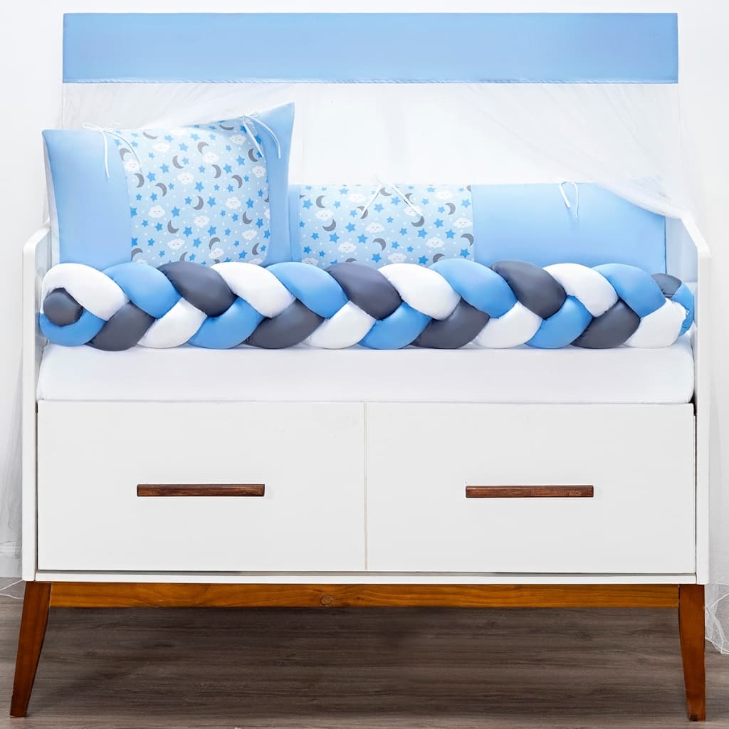 Kit Berço Trança Estampado Fofuxo Lua Azul Menino 6 Pcs