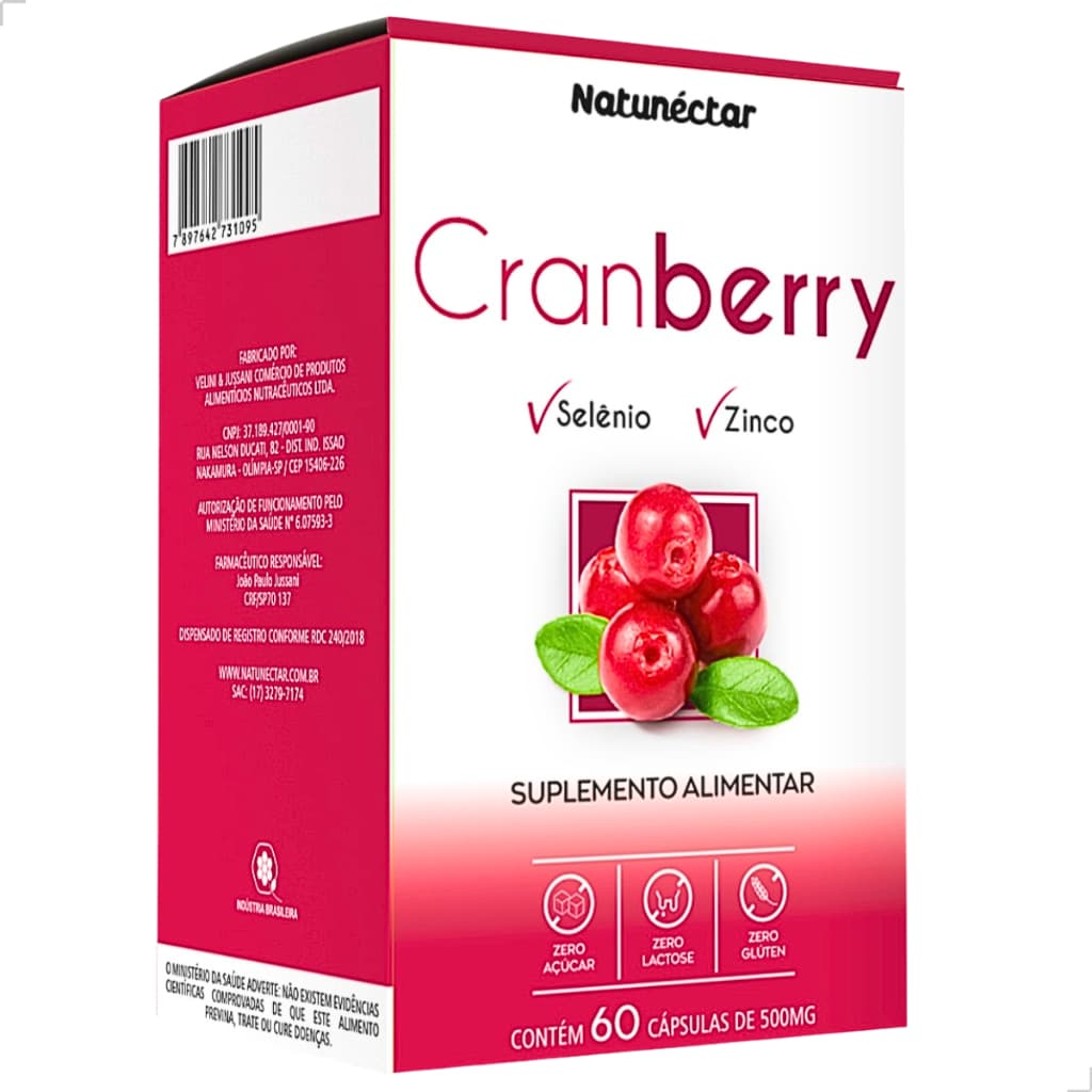Cranberry Selênio Zinco Extrato 100% Puro Natural Suplemento Alimentar 60 Cáps Natunectar