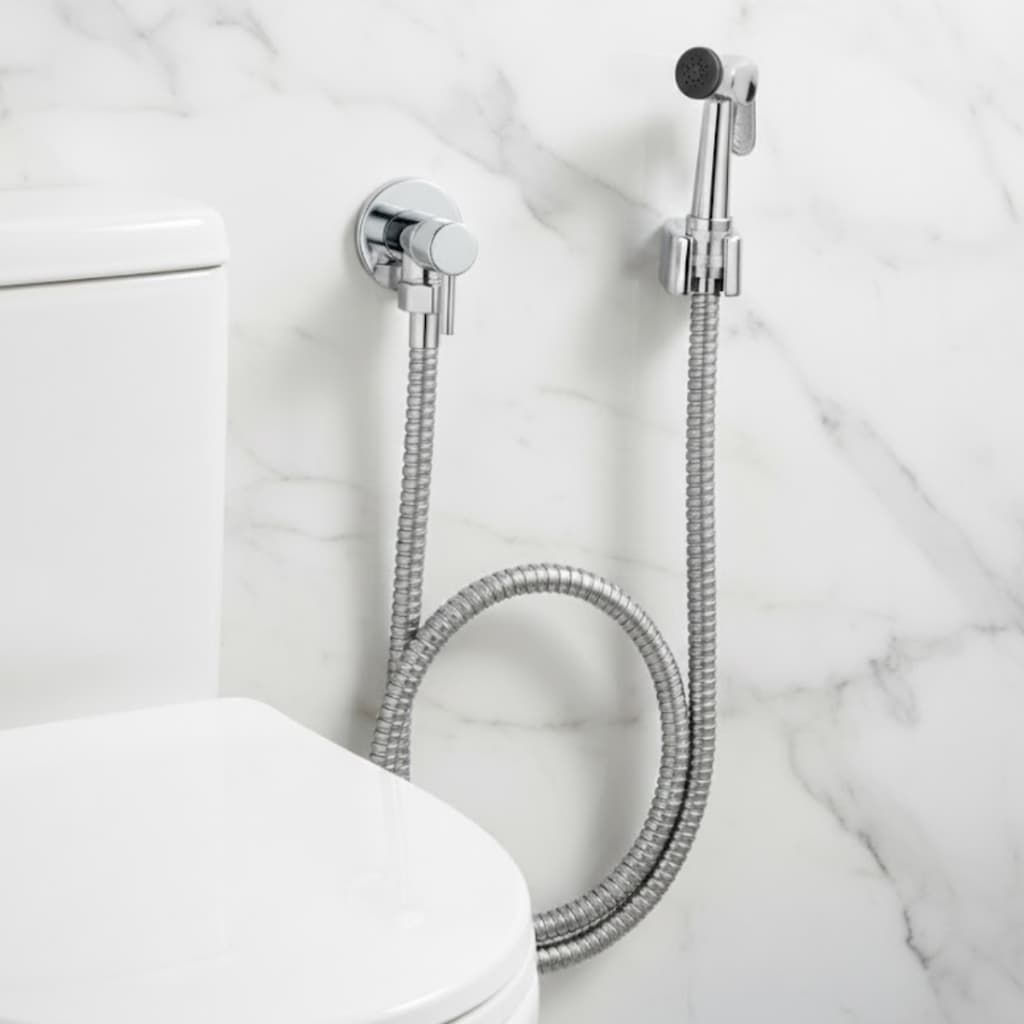 Ducha Higiênica Para Banheiro Completa Em Metal Redonda Cromado Luxo Com Suporte Engate 1.20m