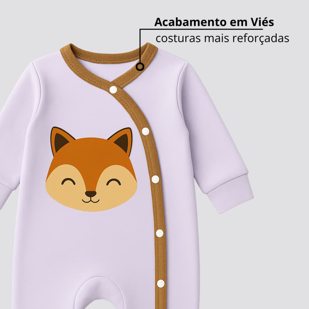 Macacão Bebê Suedine 100% Algodão Premium com Viés Reforçado e Estampa Raposa – RN ao 12M