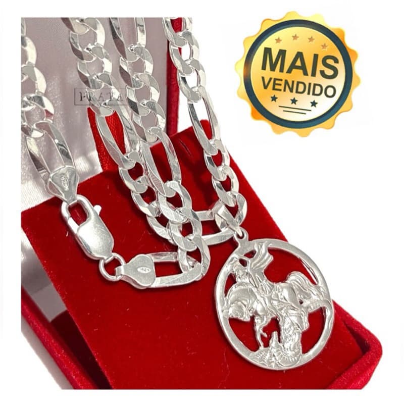 corrente grumet 3x1 banhada prata com pingente São Jorge 70cm 4mm