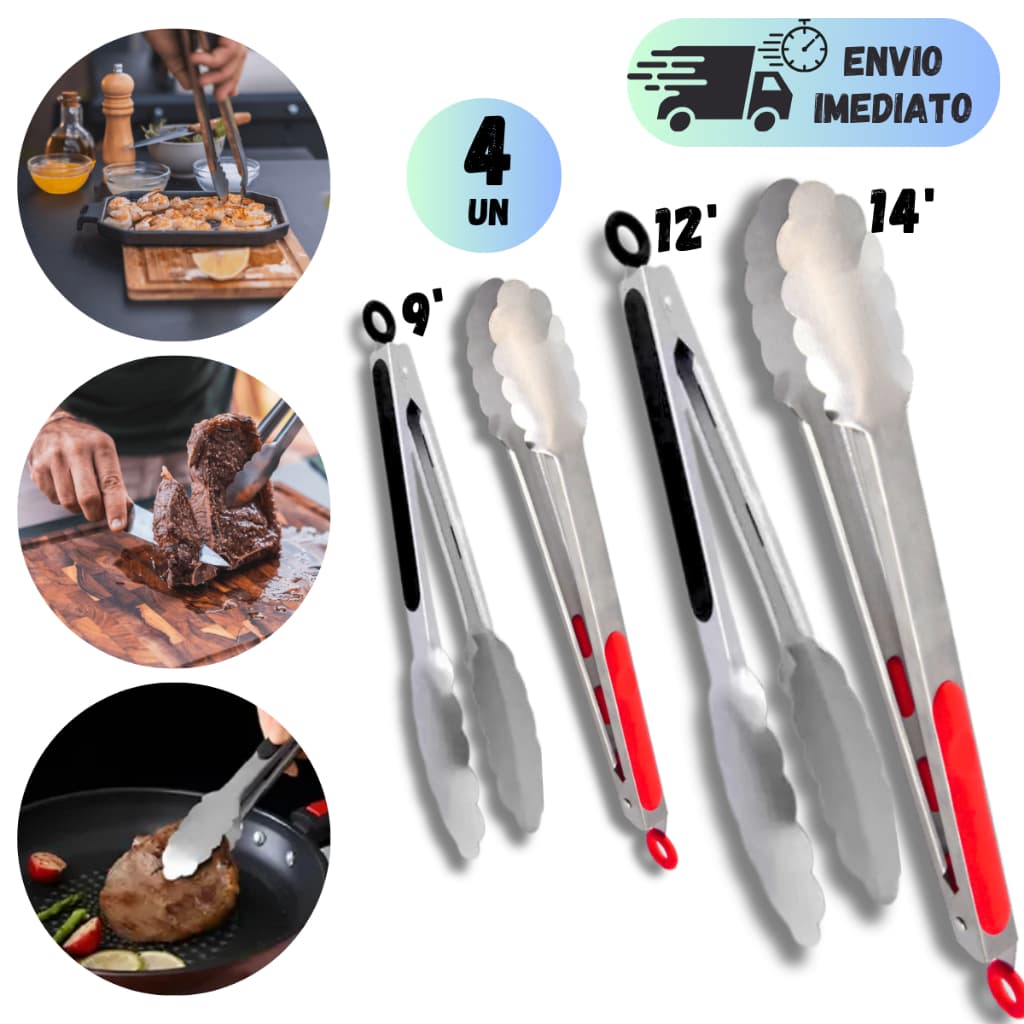 KIT 4 PEGADOR DE SILICONE PARA COZINHA EM AÇO INOX PARA BUFFETS RESTAURANTES CARNES GELO SALADA