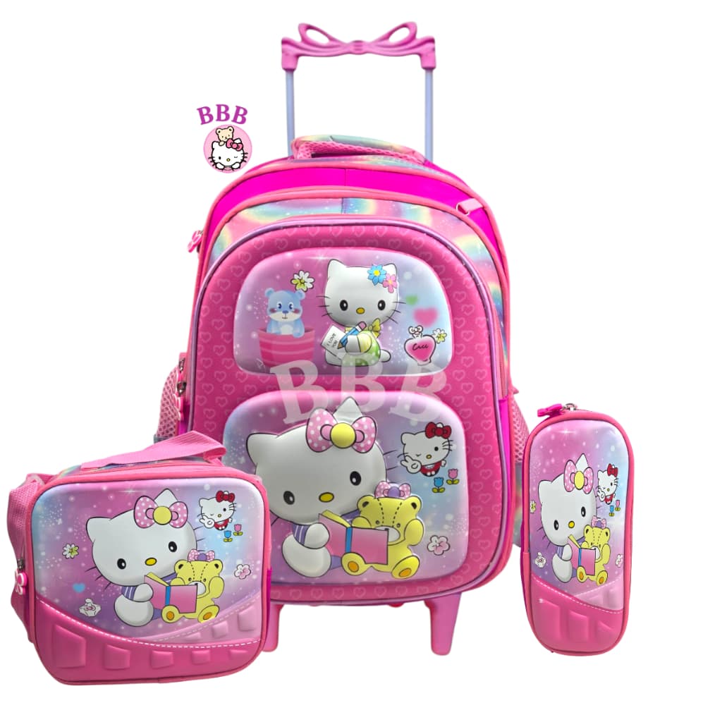 🎀 Kit mochila  com  rodinhas  Escolar Hello Kitty 3D + Lancheira + Estojo + Brinde!