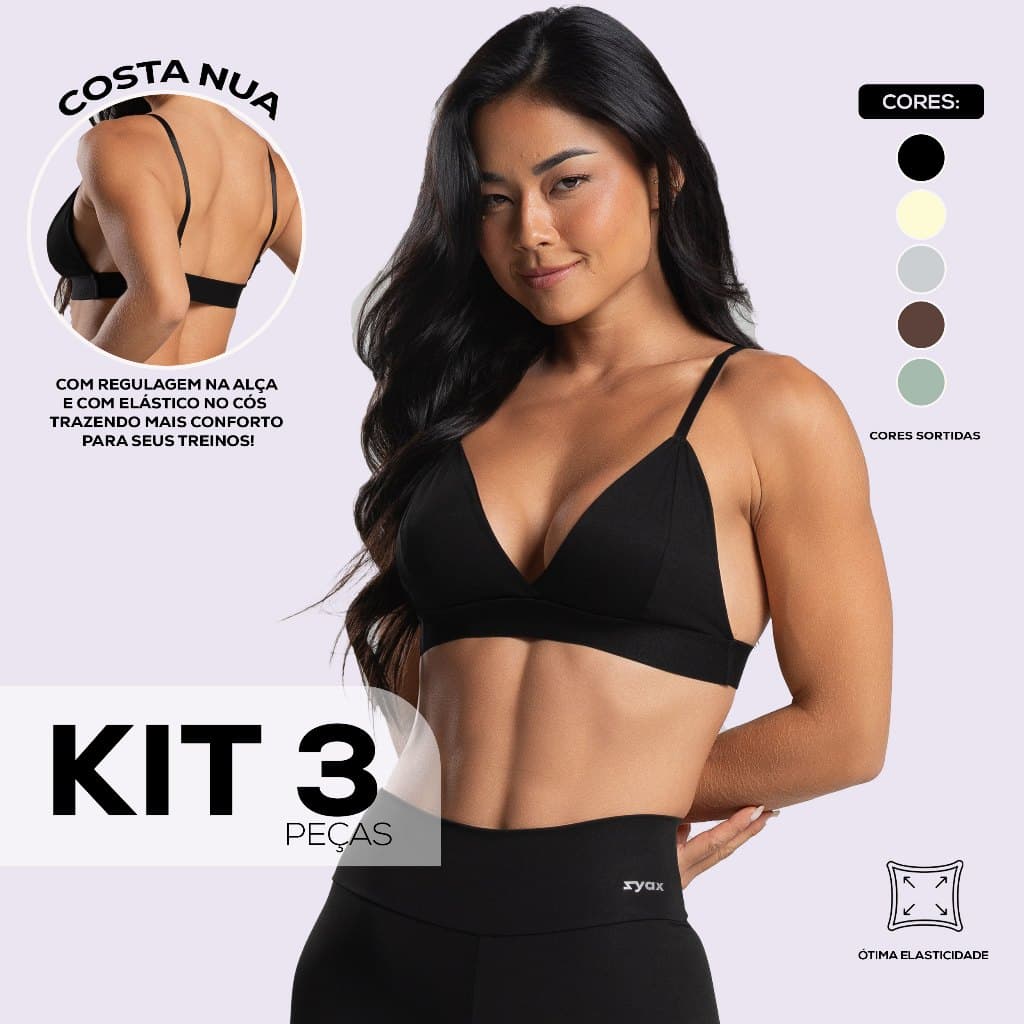 Kit 3 Tops Academia Fitness com Forro Alça Fina Elástico na Barra Viscose Sutiã Esportivo Costa Nua