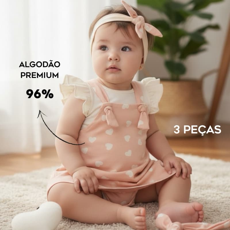 Salopete vestido jardineira  bebê menina verão em algodão premium 3 peças
