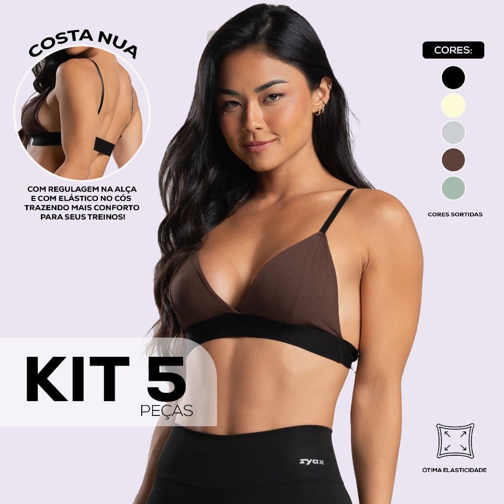 Kit 5 Tops Academia Fitness com Forro Alça Fina Elástico na Barra Viscose Sutiã Esportivo Costa Nua