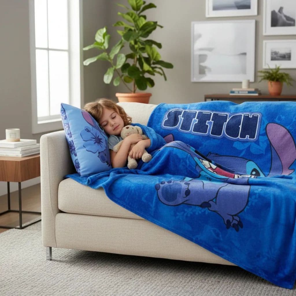 Kit Disney Almofada + Manta Stitch Muito Confortável Fofinha Cobertor Sofá Quentinho