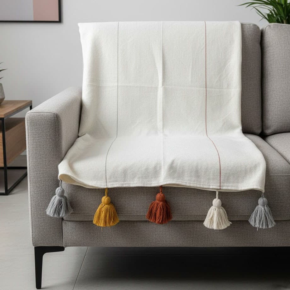 Xale Tear Pompons nas Pontas Manta Decorativa em Algodão Sala Sofá Poltrona e Ambientes Aconchegante