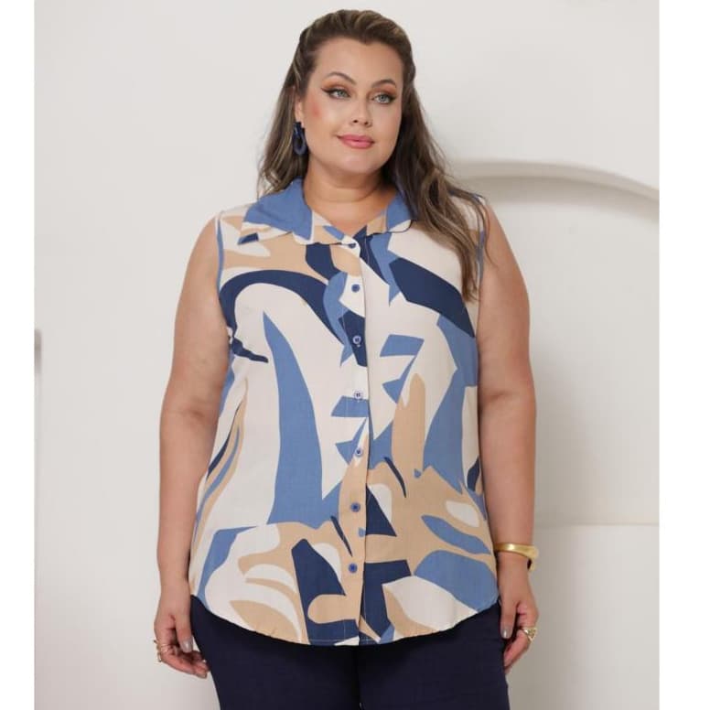 Regata Feminina Plus Size Viscolinho Estampado Botões | Modelagem Confortável | Tamanhos G1 G2 G3