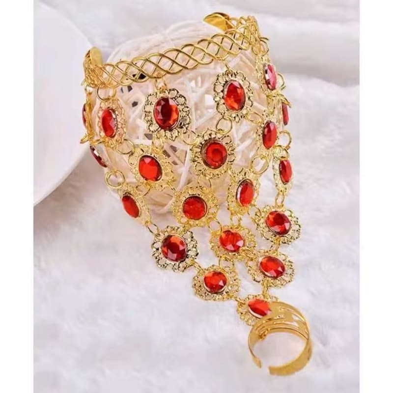 1ou Par Pulseira Com Anel e Pedrarias Vermelhas Dança do Ventre
