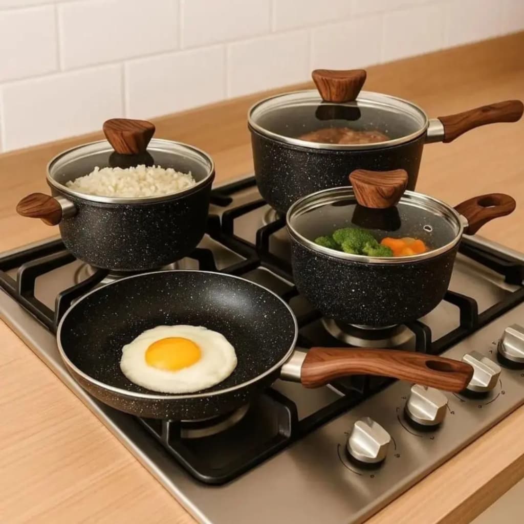 Conjunto Panelas Antiaderente 4 Pecas Tampa Vidro Cozinha Duravel Facil Limpeza Design Moderno Preto