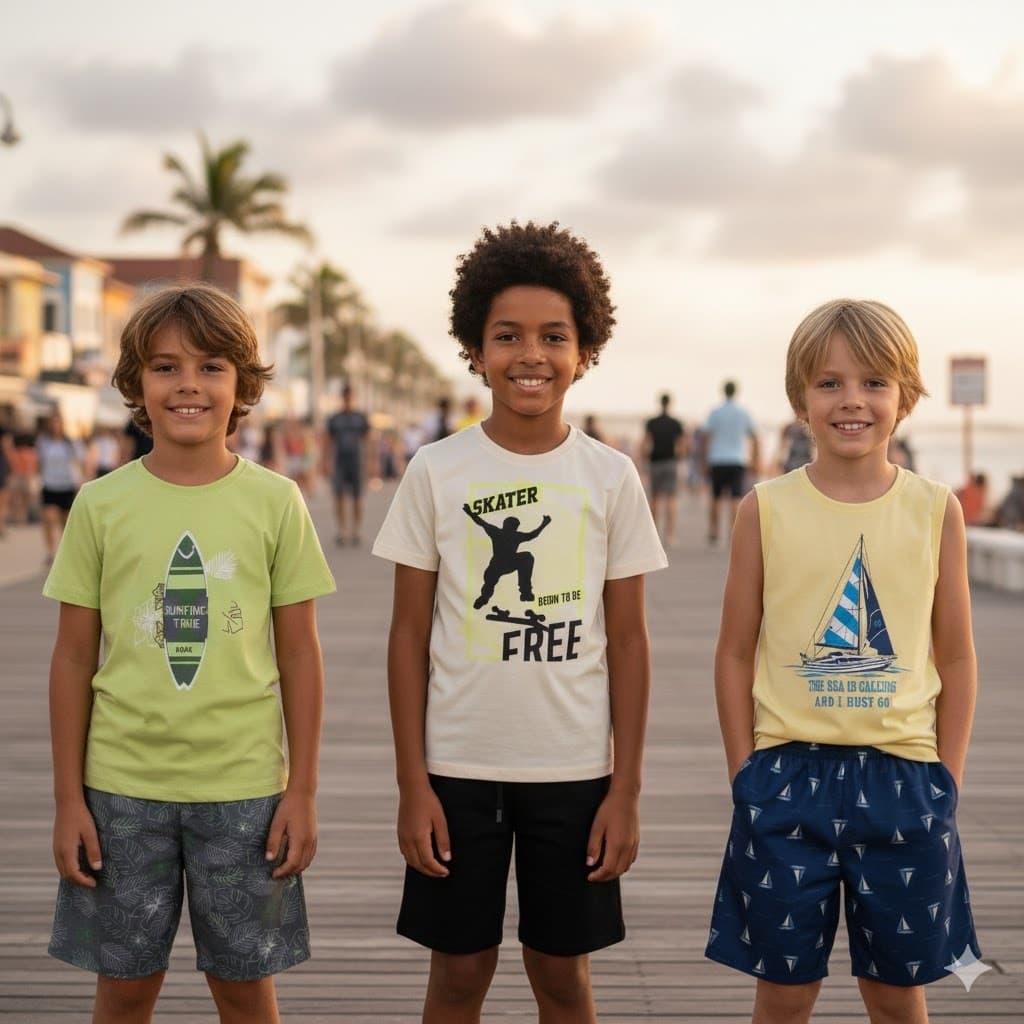 Kit 3 Conjuntos Verão Infantil e Juvenil Para Menino Peças Sortidas com Estampa