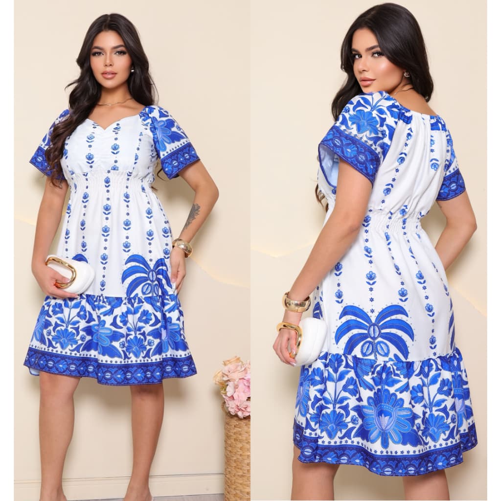 Vestido Midi Boho Elegante Branco e Azul – Floral Premium, Leve, Confortável, Look Verão e Praia tecido crepynho