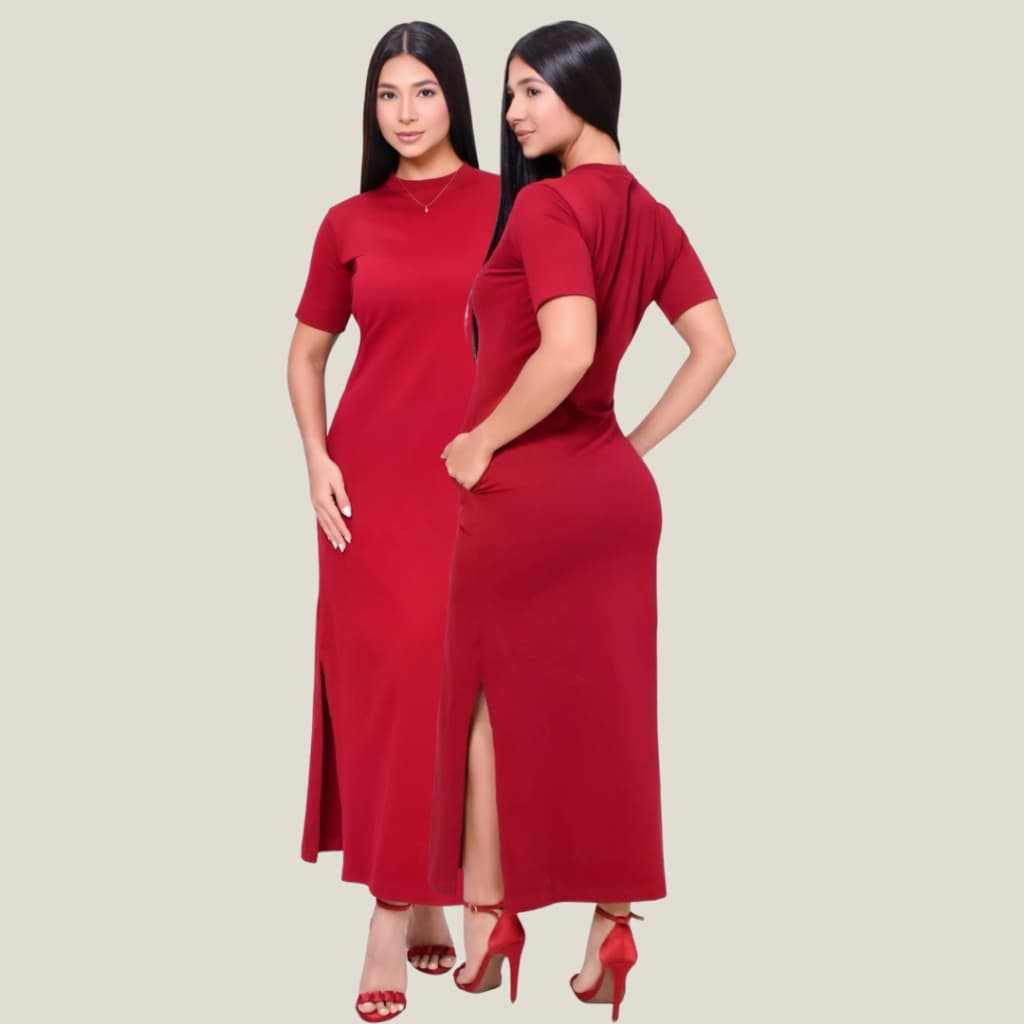 Vestido Longo Feminino com Bolso Verdadeiro, Fenda Lateral e Manga Curta em Algodão Fio 30.1