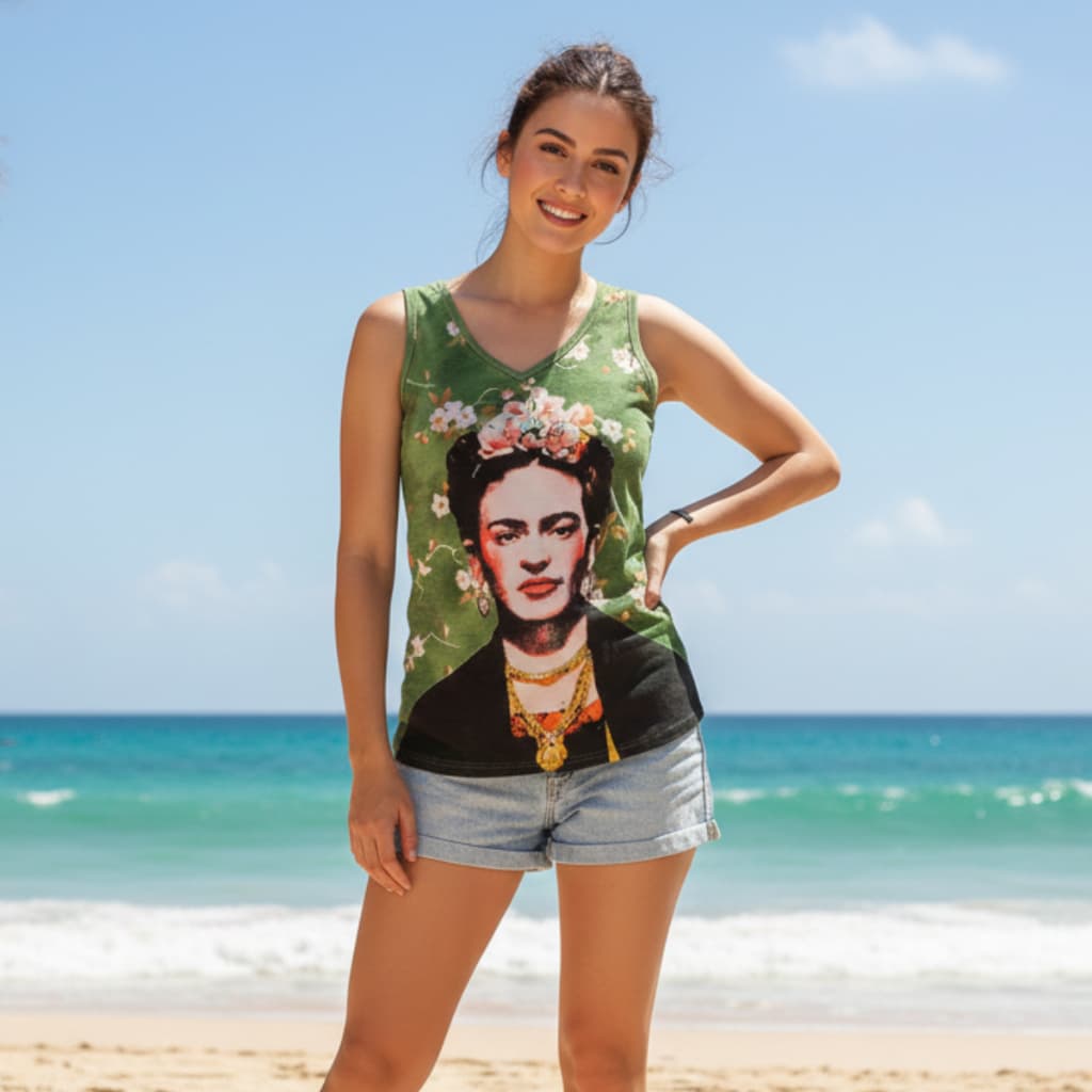 Camisa Regata 100% Algodão Estampada Frida Kahlo Miçangas Pedrinhas Moda Femina Tamanho Único