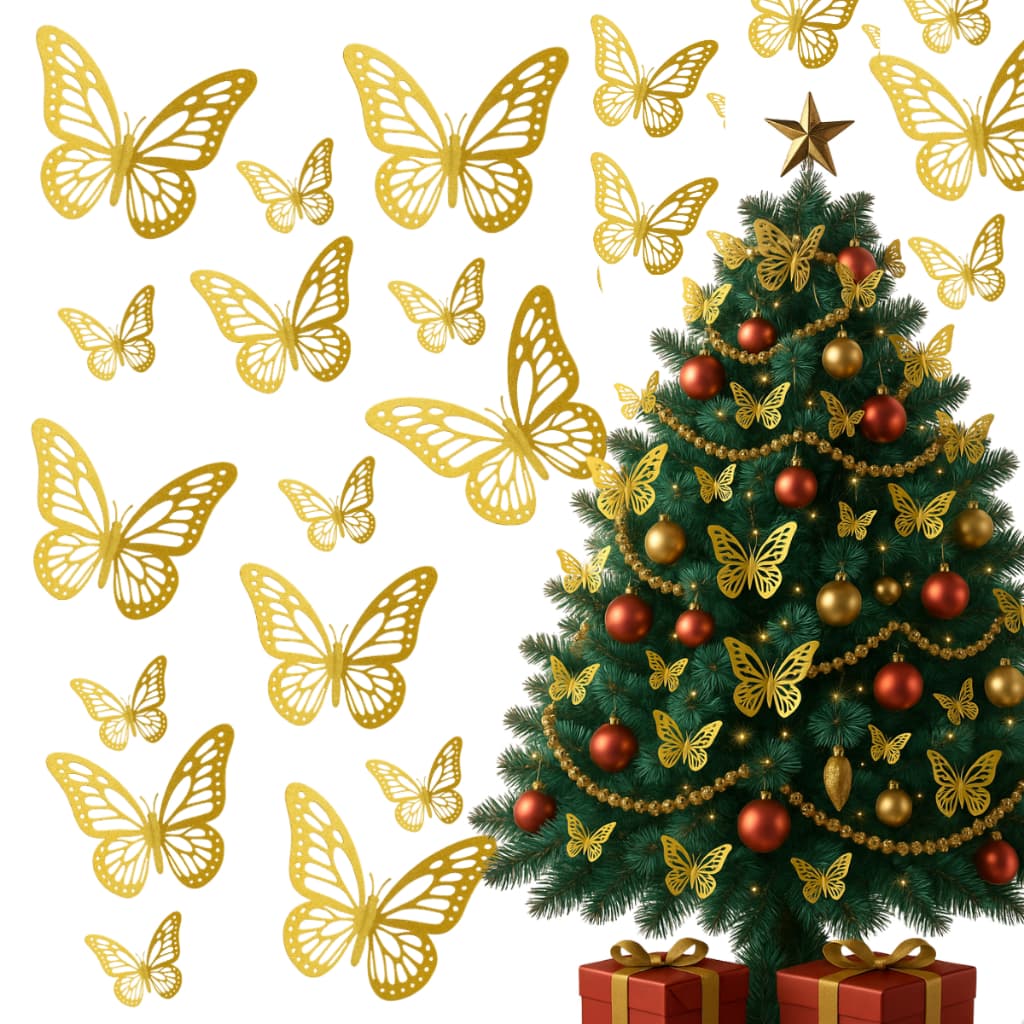 Kit 24 Borboletas Decorativas Artificial 3D para Decoração Enfeite de Natal Festa Balão Natalina