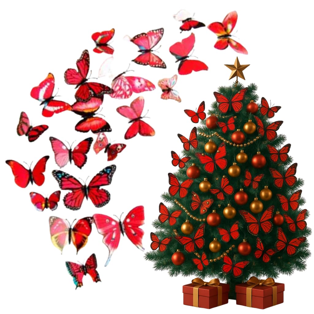 Kit 24 Borboletas Decorativas Artificial 3D para Decoração Enfeite de Natal Festa Balão Natalina