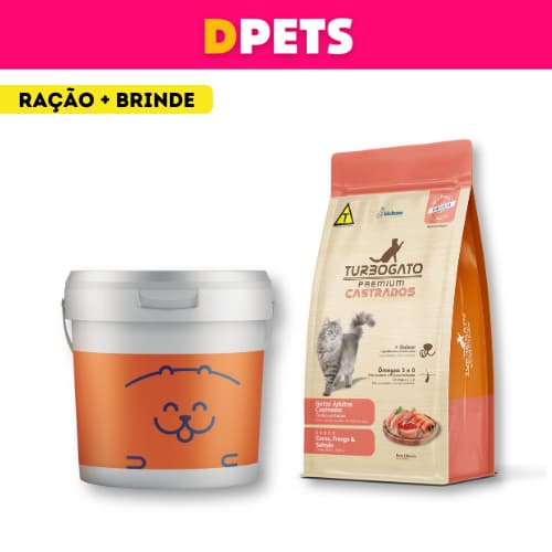 Ração Turbogato Premium Gatos Castrados 10kg Sabor Frango e Peixe + Brinde Porta Ração 7,2l