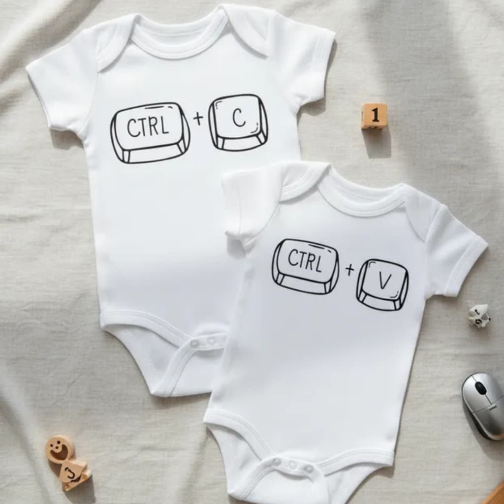 Body curto bebê branco divertido irmãos gêmeos estampado frase Ctrl+C Ctrl+V