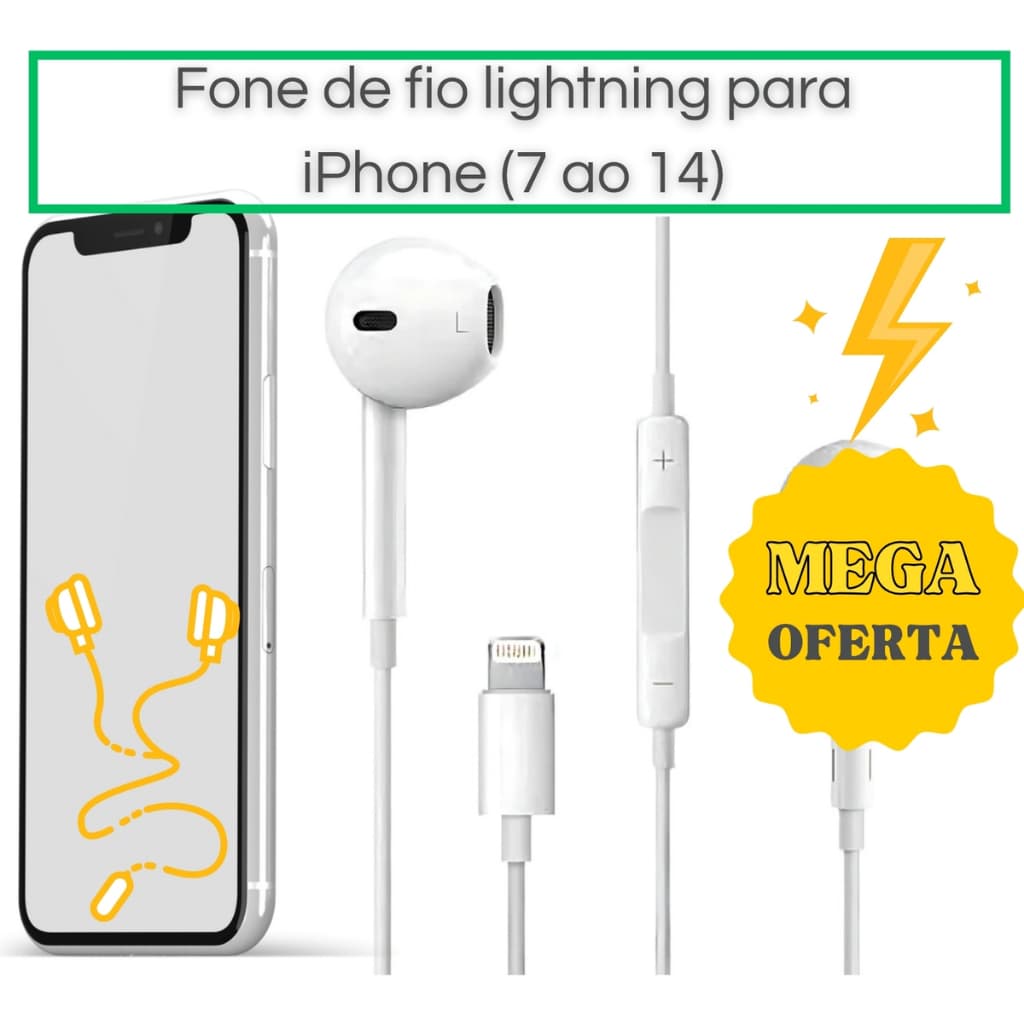 Fone De Ouvido com fio Lightning | Compatível com iPhone modelos 7 8 X XR 11 12 13 e 14 | Cor Branca