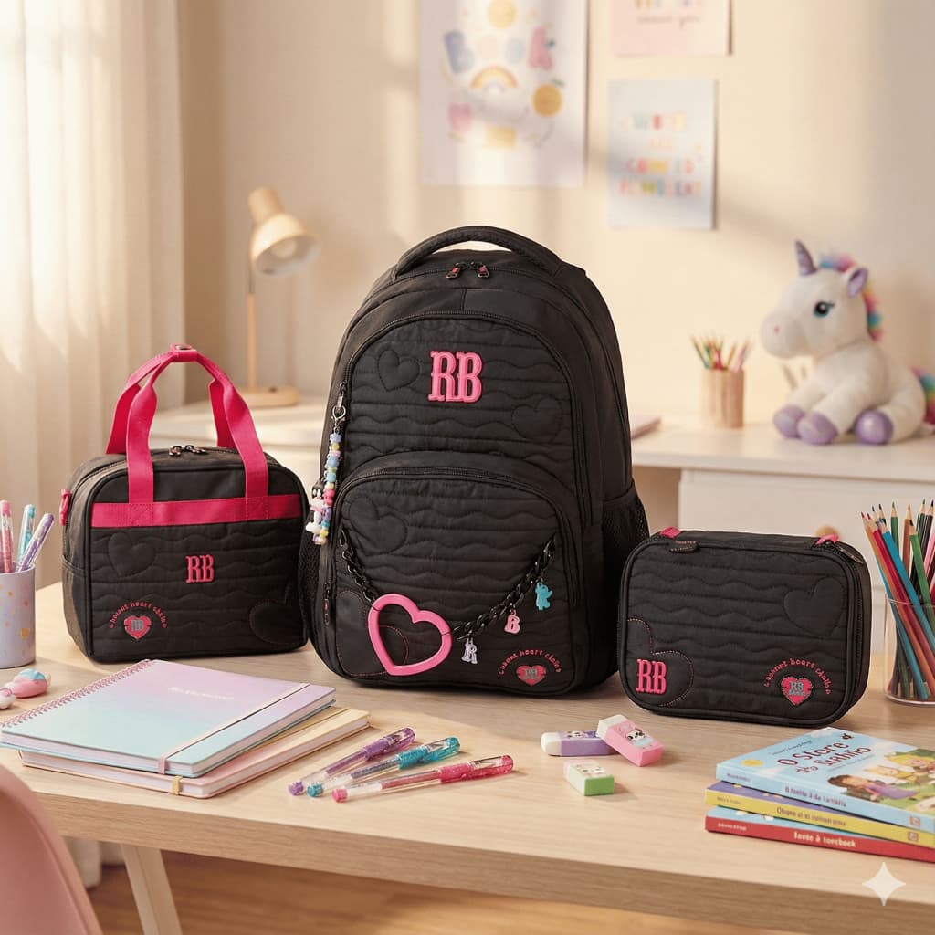 Kit Mochila de Costas Escolar Rebecca Bonbon Lancheira Térmica Estojo Box Heart Beats