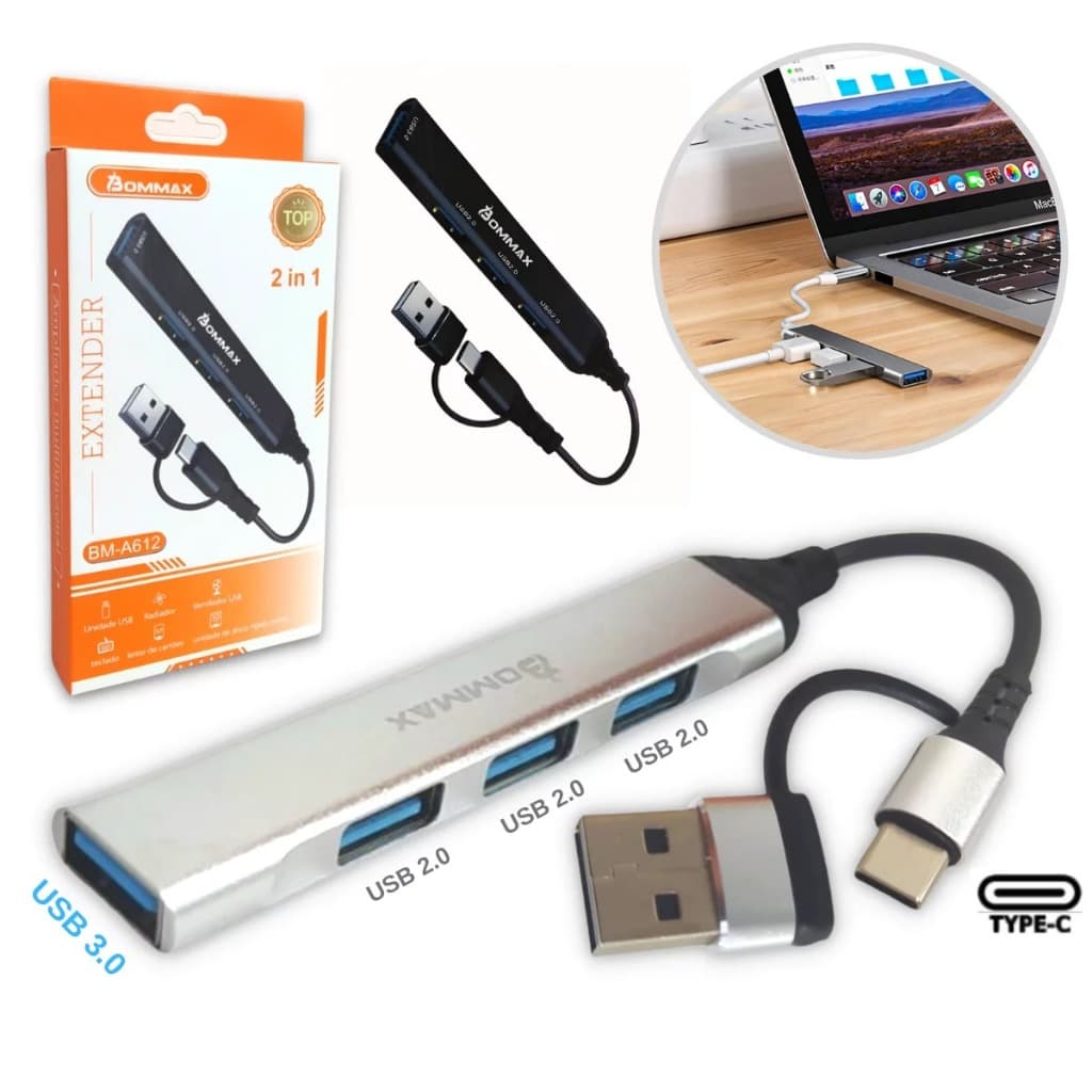 HUB TIPO C 4USB C/3 PORTAS USB 2.0 / 1 USB 3.0 2 IN 1 BOMMAX BM-A612 R40,00