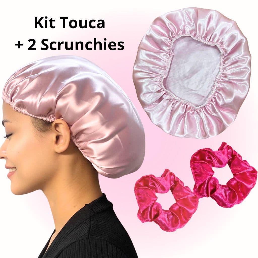 Kit Touca de Cetim Face Única + 2 Scrunchies – Proteção para Cabelos e Conforto Noturno