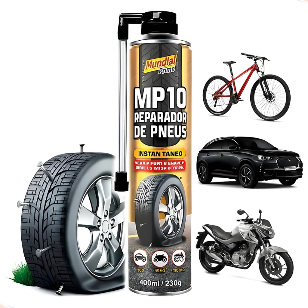 Spray Reparador De Pneu Furado Mp10 Mundial Prime 400ml Bike Carro Moto Bicicleta Ar Reparo