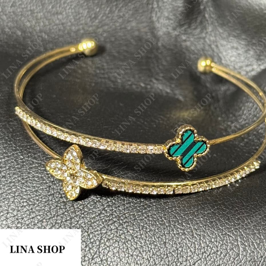 Pulseira Bracelete de dupla camada trevo de quatro folhas requintada aberta dourada prata