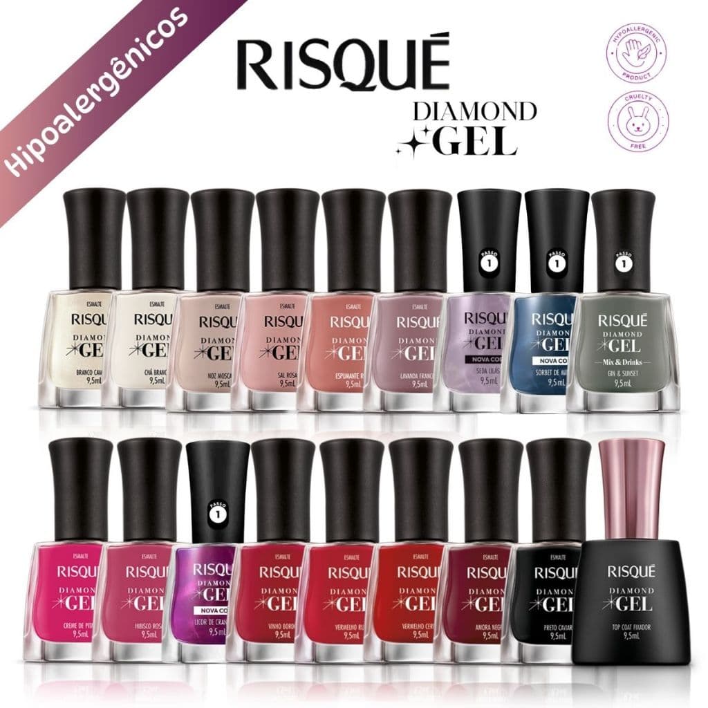 Risqué Kit de Esmalte Diamond Gel + Top Coat Hipoalergênico Lançamento Manicure Pedicure