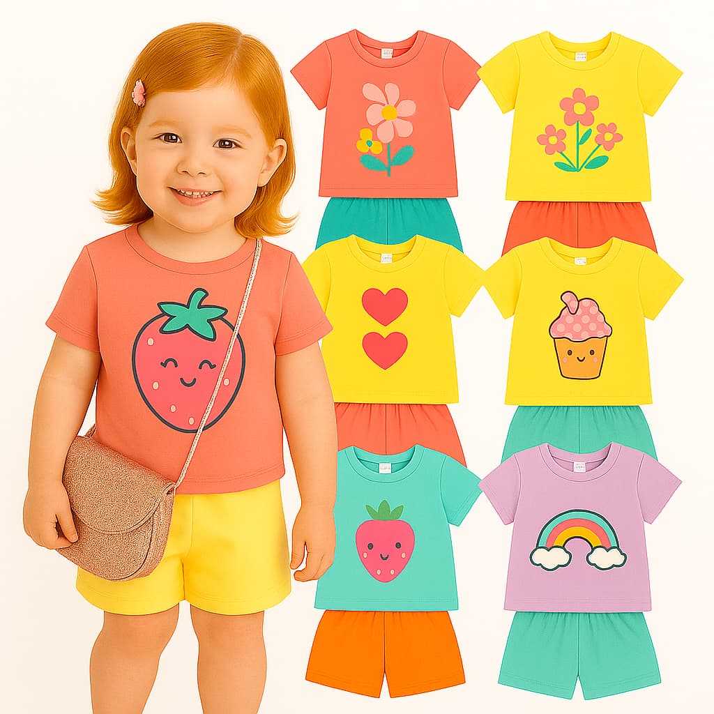 Kit 4 peças Infantil Menina Verão Criança 2 Blusa + 2 Short de Algodão Tamanho 2  ao 8