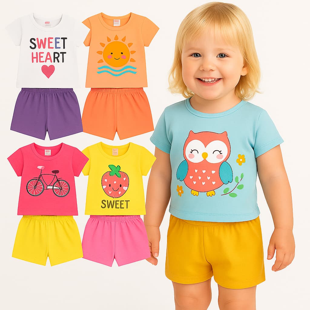 Kit 4 Peças de Roupas Infantil Menina -2 Conjuntos SORTIDOS Feminino - (2 Camisetas + 2 Shorts = 4 peças)