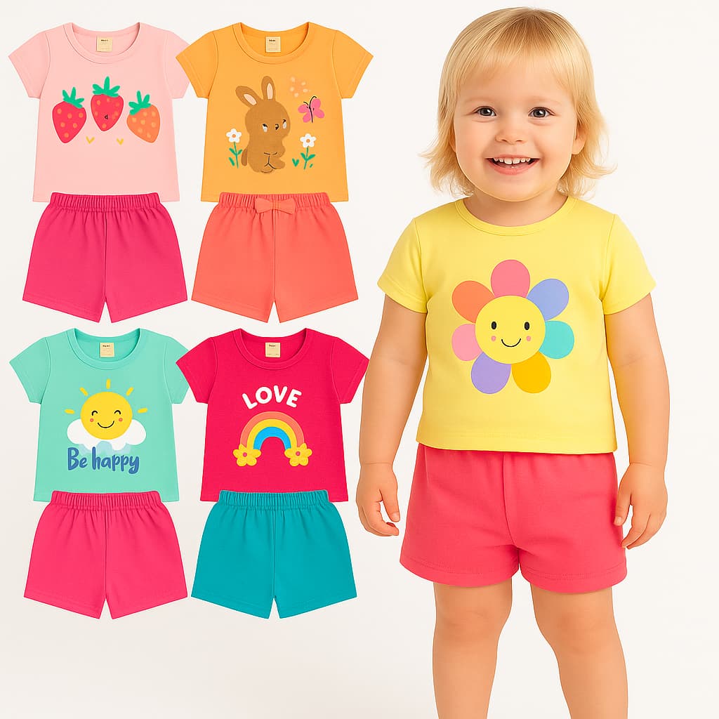 Kit 10 Peças de Roupas Infantil Menina- Kit com 5 Conjuntos SORTIDOS Feminino - (5 Camisetas + 5 Shorts = 10 peças)