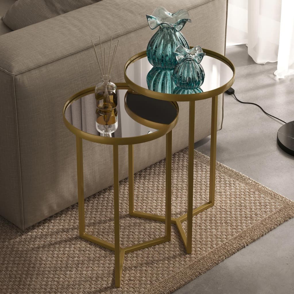 Conjunto De Mesa Lateral Aço Com Espelho Steel Glass Estilo Industrial Dourado