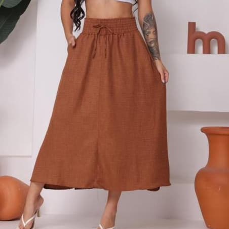 Saia Longa duna linho Com Bolsos e cintura com Elástico Moda Casual