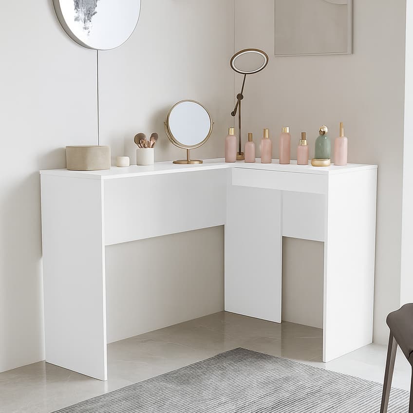 * NOVIDADE * Penteadeira Escrivaninha em L Mesa de Canto com Nicho Porta Objetos Maquiagem Skincare Joias - GAMA MÓVEIS