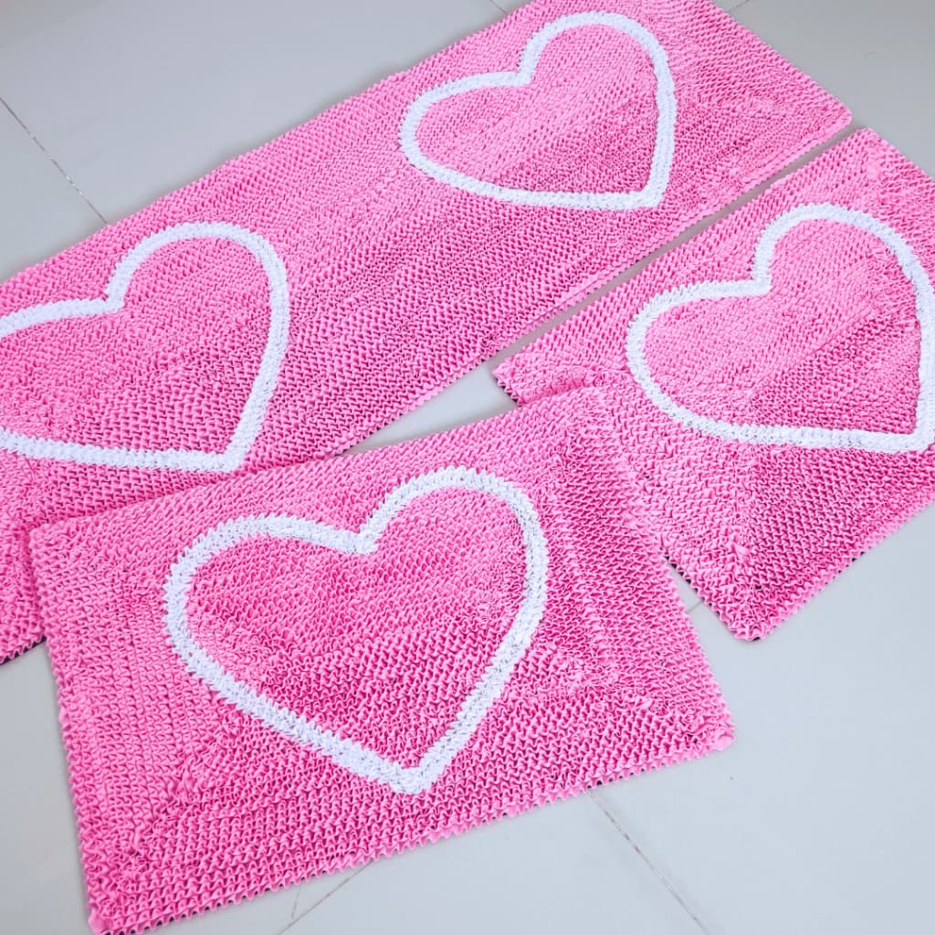 Tapete Cozinha Frufru Coração 3 Peças Rosa Malha