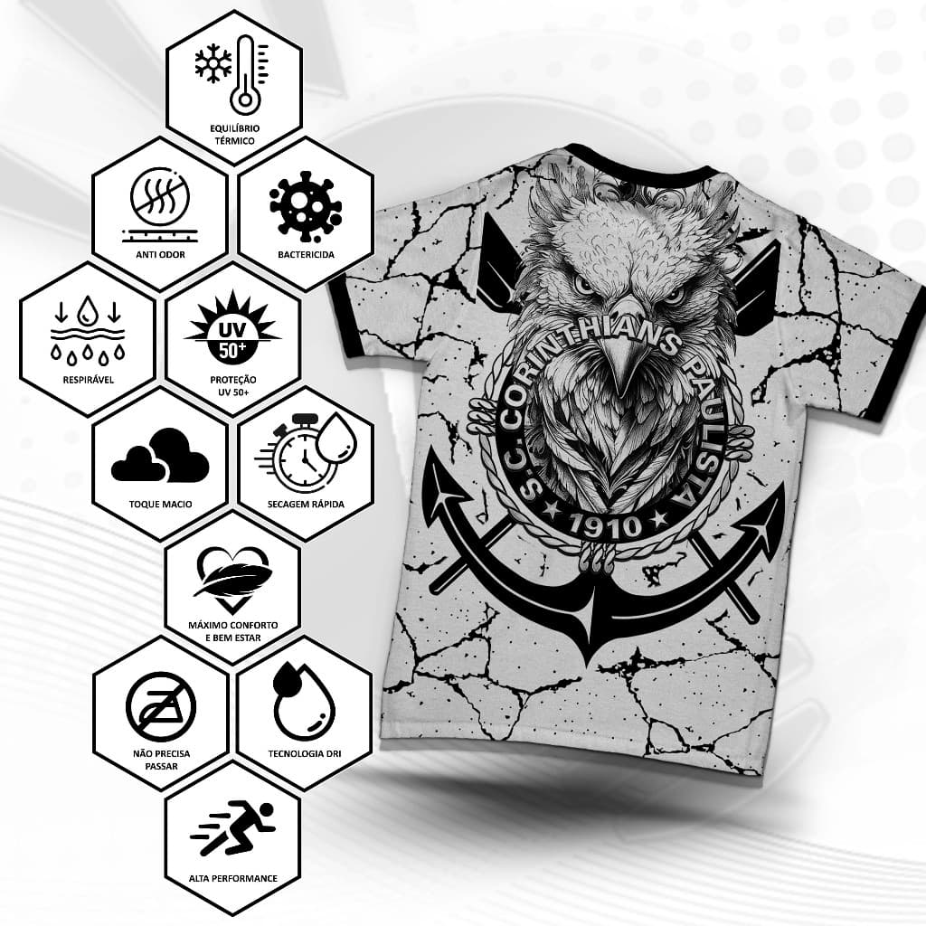 Camiseta Premium  Torcida Futebol Time Gaviões Fiel Dry-Fit com Proteção UV. 50+