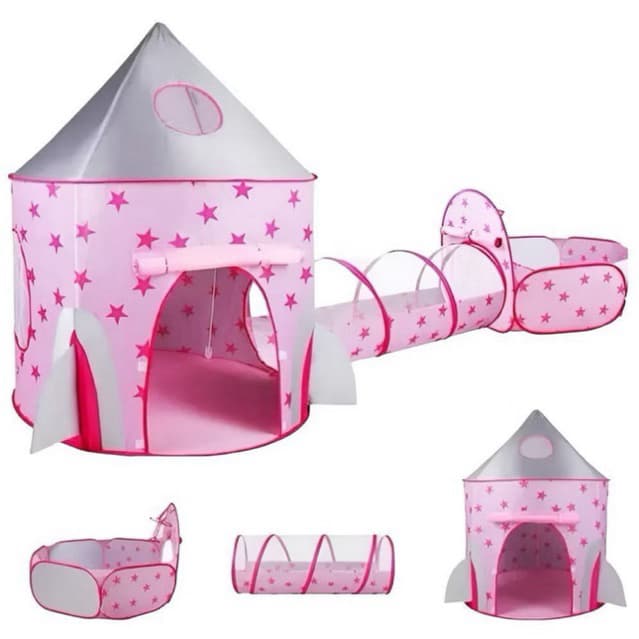 Tenda Barraca Infantil Tunel 3x1 com Piscina para Bolinhas Rosa com Cesta Basquete Brinquedo Feminina Pricesa