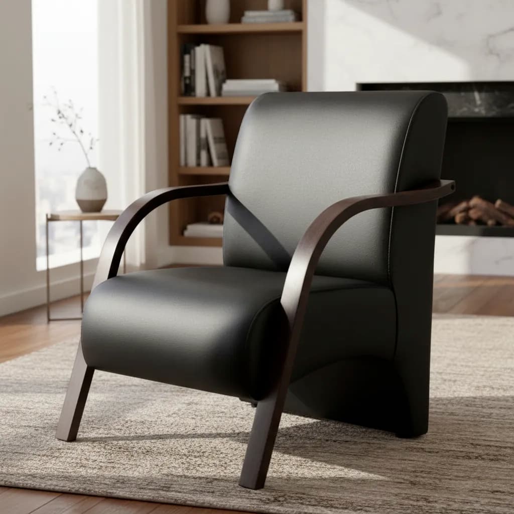 Poltrona Cadeira Moderna Decorativa Estofada Roma Sala Recepção Consultório Clínica Corino Braço de Madeira