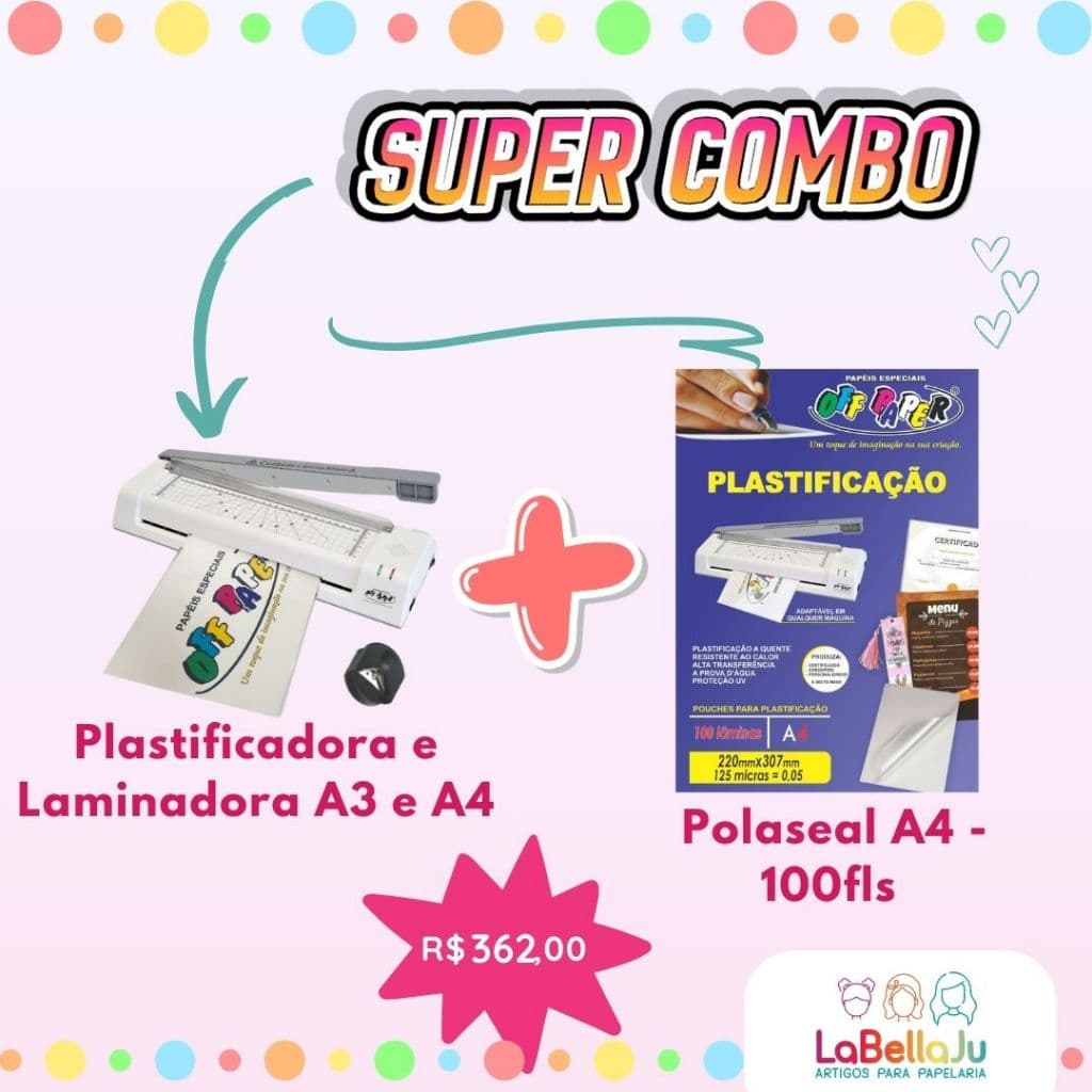 COMBO - Plastificadora Laminadora A4 e A3 c/ Guilhotina + Plástico Para Plastificação A4 100 fls