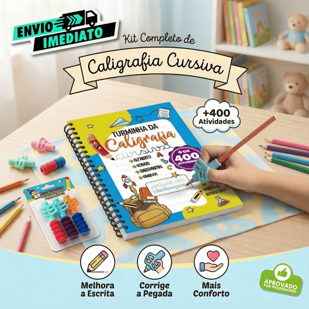 Livro Infantil Caderno De Caligrafia 400 Atividades Letra Cursiva c/ Adaptador de Escrita