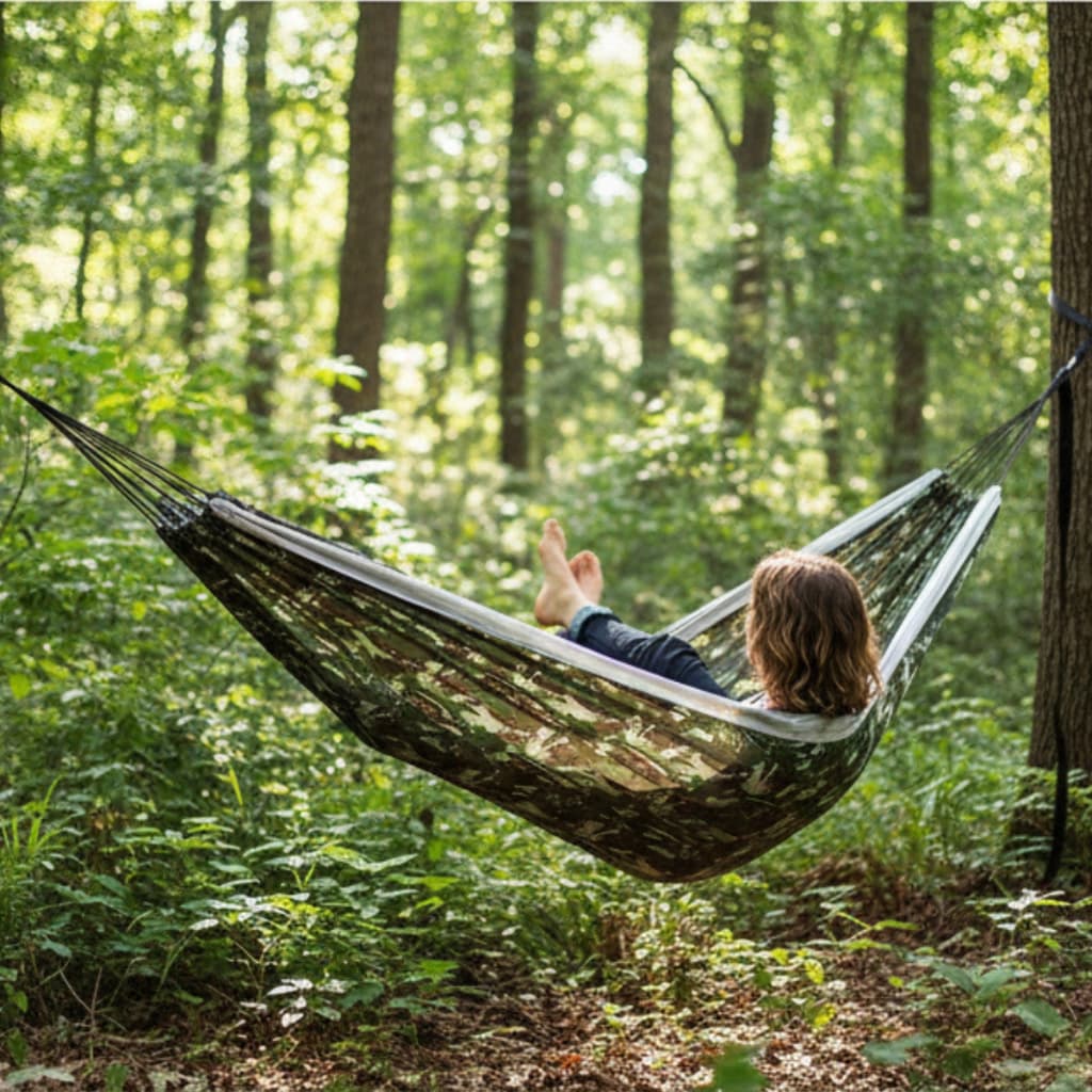 Rede de Dormir Camping Nylon Estampa Exército com Bolsa Leve para Acampamento Suporta até 150kg Tem Tudo Têxtil.