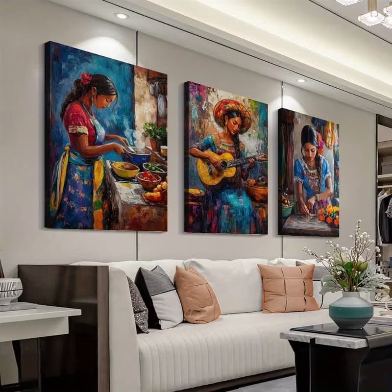 KIT 3 Quadros Cozinha Mexicana Artesanal | Decoração Área Gourmet Pintura Retrato