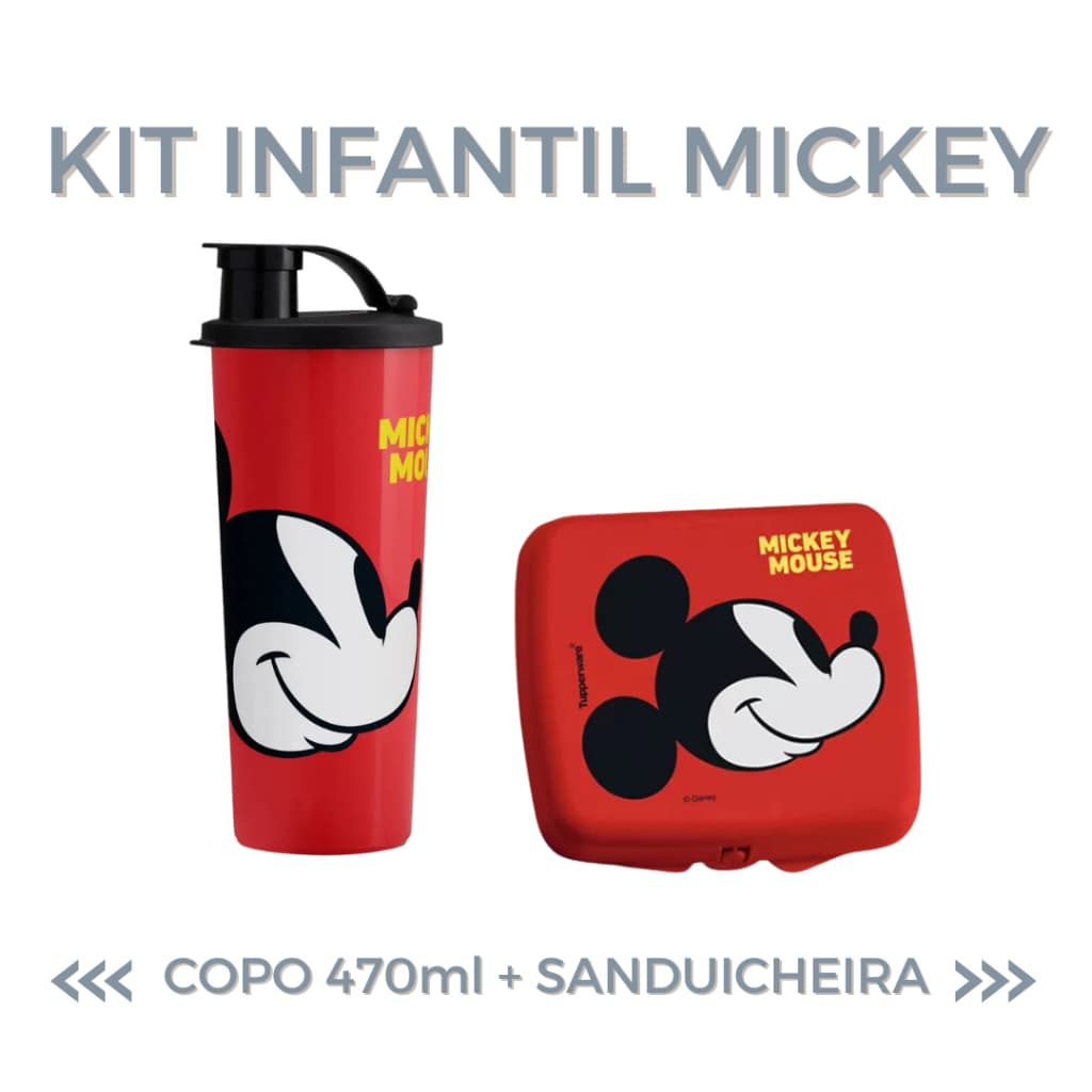 KIT INFANTIL COPO 470ML E SANDUICHEIRA TUPPERWARE  MICKEY/HARRY POTTER/GABBY/PEQUENA SEREIA/REI LEAO/FUTEBOL/TIANA